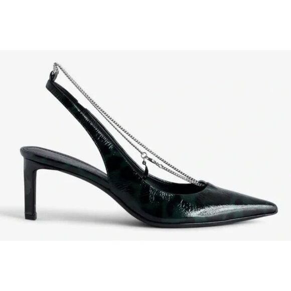 Zadig & Voltaire Green Black Chain Animal Print Slinback Pumps Size 40 US 9 - Picture 1 of 12